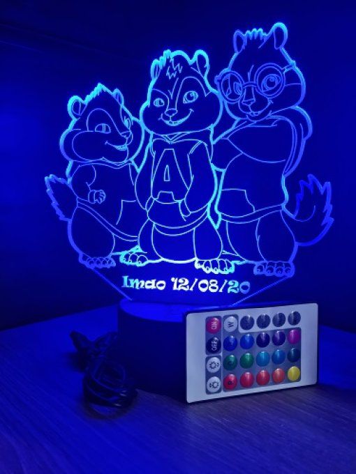 Lampe led 3D Alvin et les Chipmunks , veilleuse, idée cadeau, déco, illusion