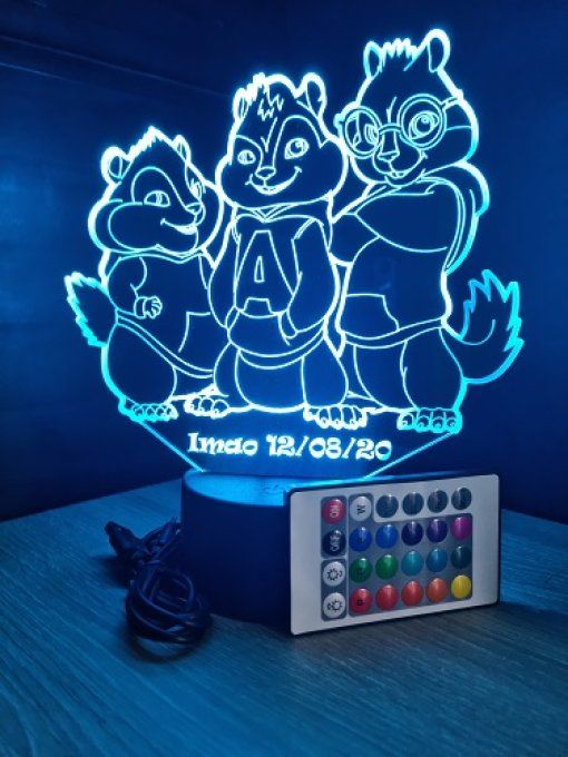 Lampe led 3D Alvin et les Chipmunks , veilleuse, idée cadeau, déco, illusion