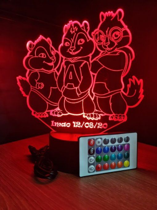 Lampe led 3D Alvin et les Chipmunks , veilleuse, idée cadeau, déco, illusion