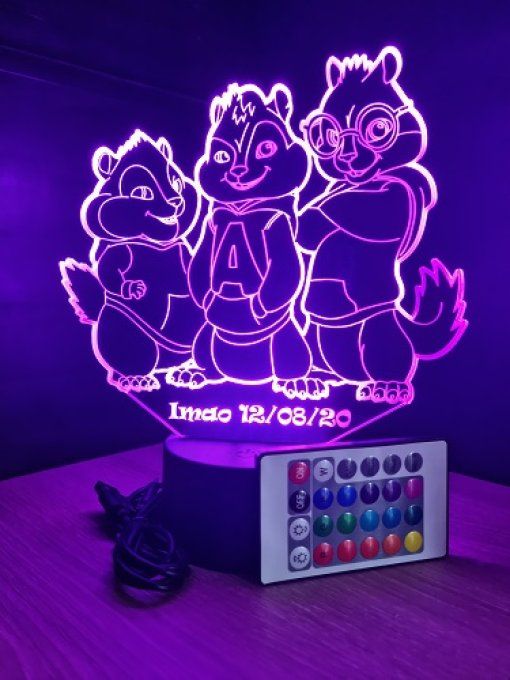Lampe led 3D Alvin et les Chipmunks , veilleuse, idée cadeau, déco, illusion
