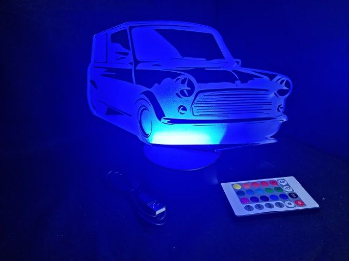 Lampe led 3D Austin Mini, voiture, veilleuse, chevet, néon, cadeau, déco, illusion, bureau