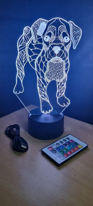 Lampe led 3D Bouldogue, mandala, chien, veilleuse, chambre, illusion