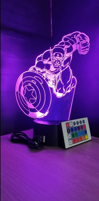 Lampe led 3D Captain America, Marvel, veilleuse, luminaire, néon