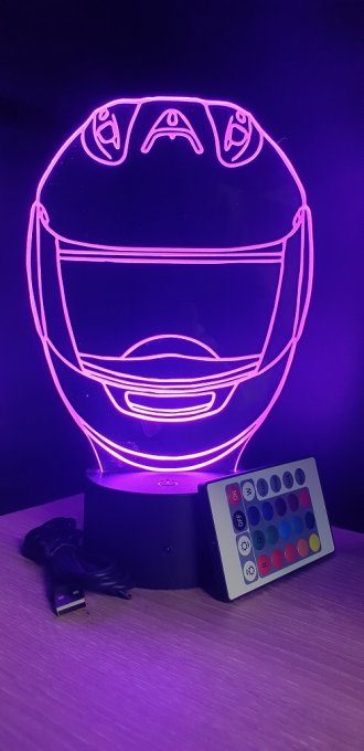 Lampe led 3D Casque moto de face, Moto, veilleuse, chevet, néon, idée cadeau, déco, illusion
