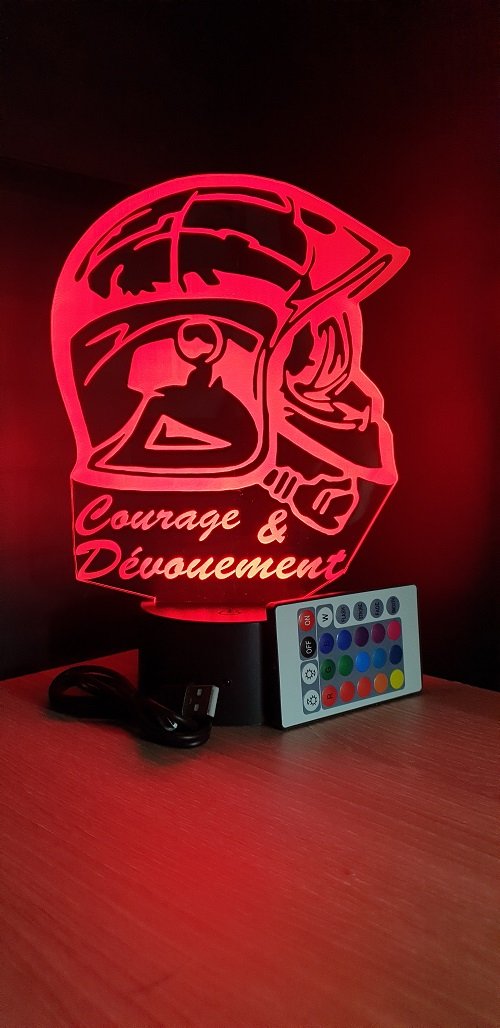 Lampe led 3D Casque pompiers profil courage et dévouement, veilleuse, idée cadeau, déco, illusion