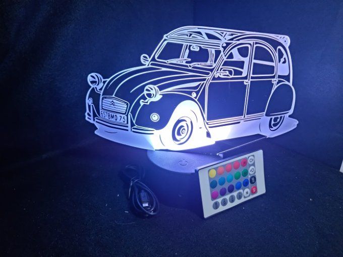 Lampe led 3D Ciroën 2CV, décapotable, retro, voiture, veilleuse, chevet, cadeau, déco, illusion