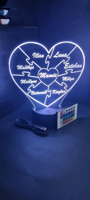 Lampe led 3D Coeur Puzzle, veilleuse, déco, idée cadeau, amour, maman, fête des mères, chevet