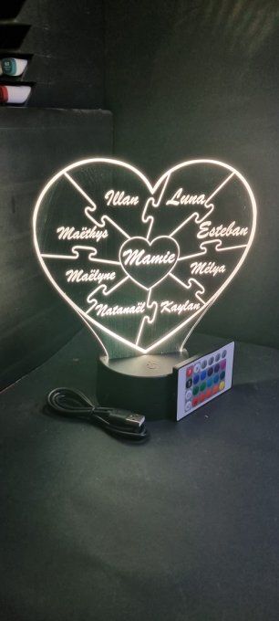 Lampe led 3D Coeur Puzzle, veilleuse, déco, idée cadeau, amour, maman, fête des mères, chevet