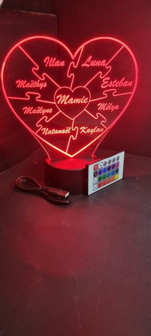Lampe led 3D Coeur Puzzle, veilleuse, déco, idée cadeau, amour, maman, fête des mères, chevet