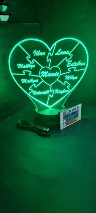Lampe led 3D Coeur Puzzle, veilleuse, déco, idée cadeau, amour, maman, fête des mères, chevet