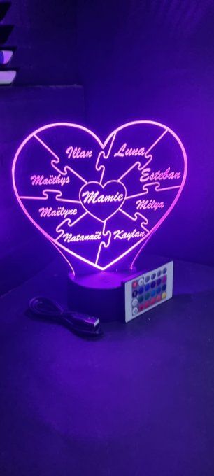 Lampe led 3D Coeur Puzzle, veilleuse, déco, cadeau, amour, fête