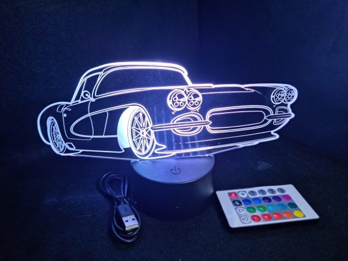 Lampe led 3D Corvette 1960, retro, voiture, veilleuse, chevet, cadeau, déco, illusion