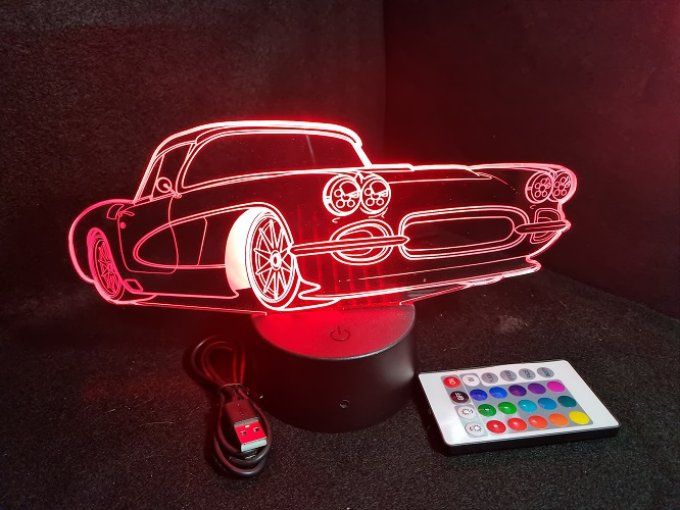 Lampe led 3D Corvette 1960, retro, voiture, veilleuse, chevet, cadeau, déco, illusion