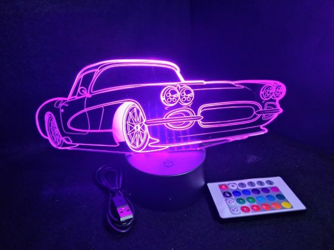 Lampe led 3D Corvette 1960, voiture, veilleuse, chevet, cadeau