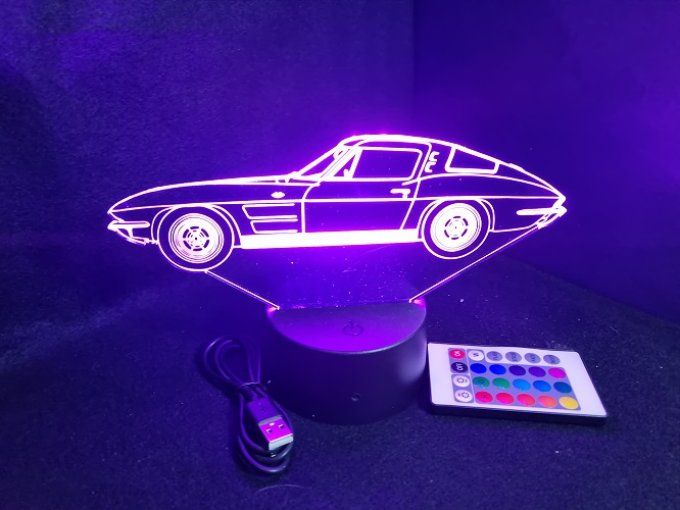 Lampe led 3D Corvette 1963, retro, voiture, veilleuse, chevet, cadeau, déco, illusion