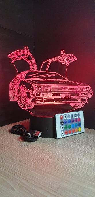 Lampe led 3D Doloréan de face, Retour vers le futur, veilleuse, déco