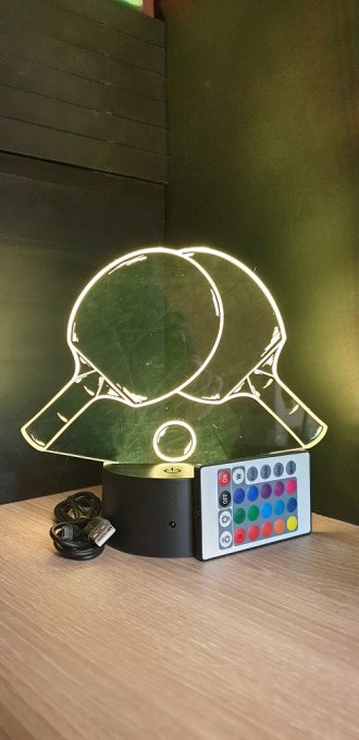 Lampe led 3D Double raquette ping pong, veilleuse, chevet, néon, idée cadeau, déco, illusion