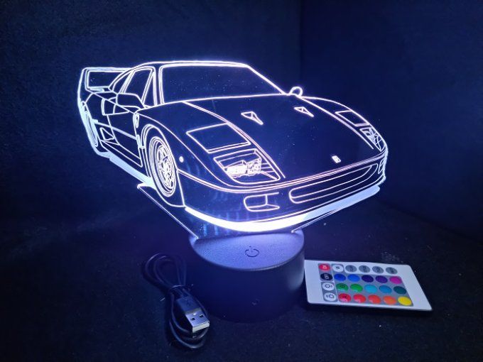 Lampe led 3D Ferrari F40, retro, voiture, veilleuse, chevet, cadeau, déco, illusion
