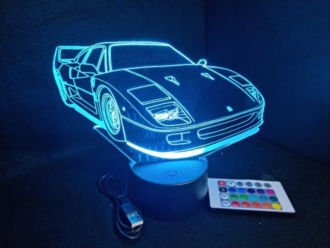 Lampe led 3D Ferrari F40, retro, voiture, veilleuse, chevet, cadeau, déco, illusion