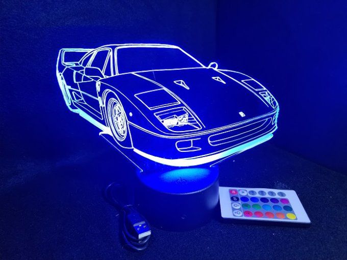 Lampe led 3D Ferrari F40, retro, voiture, veilleuse, chevet, cadeau, déco, illusion