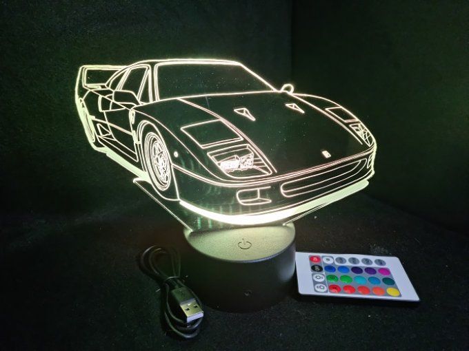 Lampe led 3D Ferrari F40, retro, voiture, veilleuse, chevet, cadeau, déco, illusion