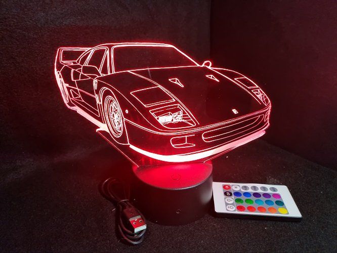 Lampe led 3D Ferrari F40, retro, voiture, veilleuse, chevet, cadeau, déco, illusion