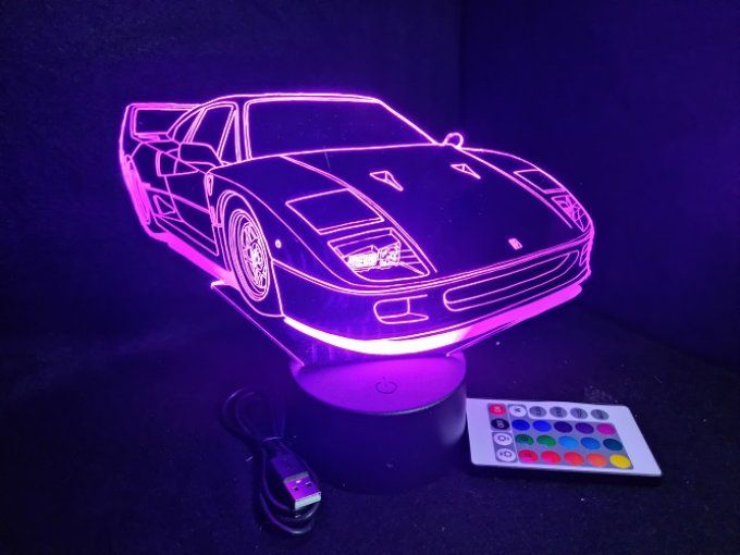 Lampe led 3D Ferrari F40, retro, voiture, veilleuse, chevet, cadeau, déco, illusion
