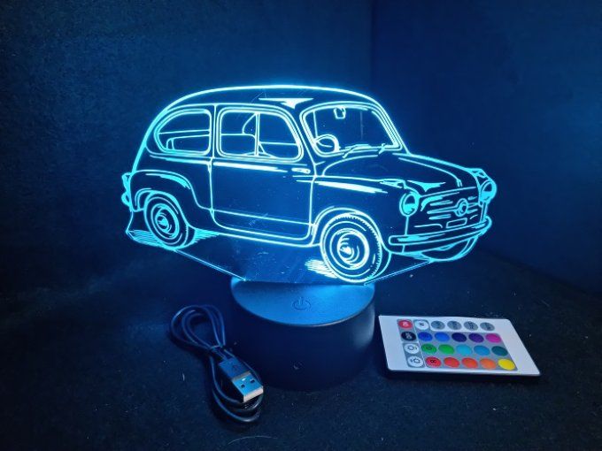 Lampe led 3D Fiat 500, voiture, veilleuse, chevet, cadeau, lumière