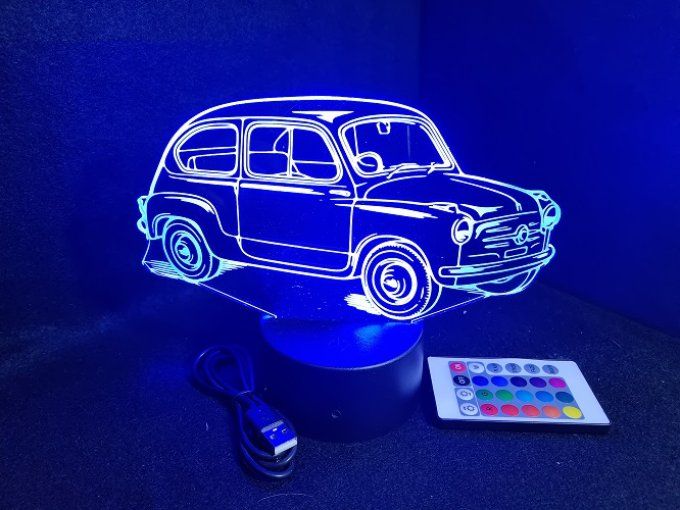 Lampe led 3D Fiat 500, voiture, veilleuse, chevet, cadeau, lumière