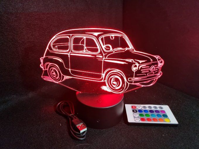 Lampe led 3D Fiat 500, retro, voiture, veilleuse, chevet, cadeau, déco, illusion