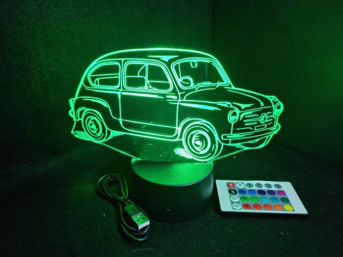 Lampe led 3D Fiat 500, retro, voiture, veilleuse, chevet, cadeau, déco, illusion