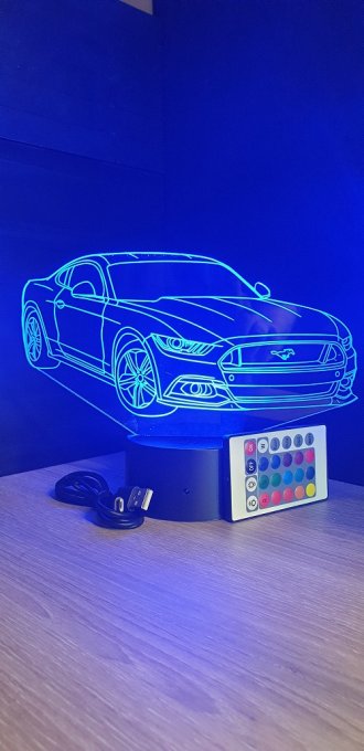 Lampe led 3D Ford Mustang, voiture ,veilleuse, chevet, néon, idée cadeau, déco, illusion, bureau