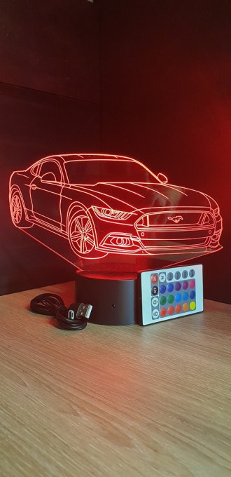 Lampe led 3D Ford Mustang, voiture ,veilleuse, chevet, néon, idée cadeau, déco, illusion, bureau