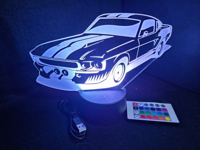Lampe led 3D Ford Mustang Shelby, retro, voiture, veilleuse, chevet, cadeau, déco, illusion