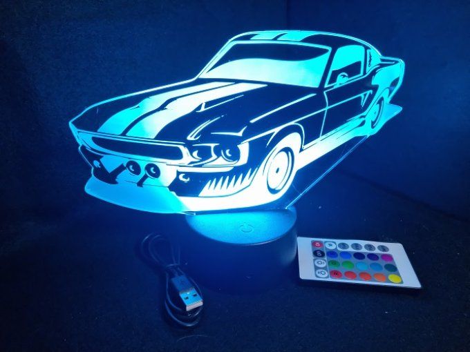 Lampe led 3D Ford Mustang Shelby, retro, voiture, veilleuse, chevet, cadeau, déco, illusion