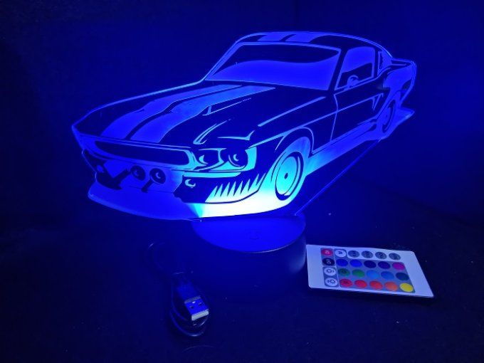 Lampe led 3D Ford Mustang Shelby, retro, voiture, veilleuse, chevet, cadeau, déco, illusion