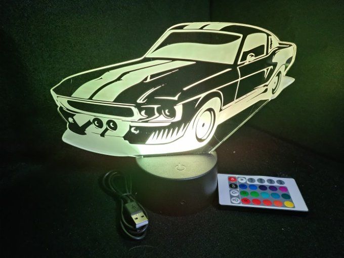 Lampe led 3D Ford Mustang Shelby, retro, voiture, veilleuse, chevet, cadeau, déco, illusion