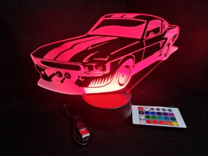 Lampe led 3D Ford Mustang Shelby, retro, voiture, veilleuse, chevet, cadeau, déco, illusion