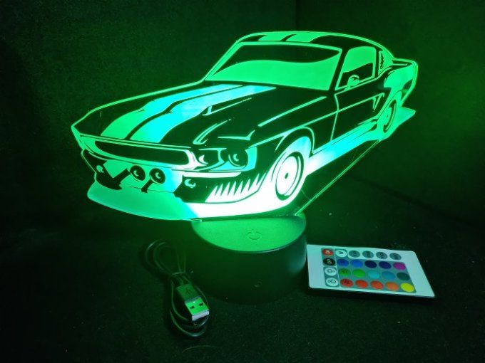 Lampe led 3D Ford Mustang Shelby, retro, voiture, veilleuse, chevet, cadeau, déco, illusion