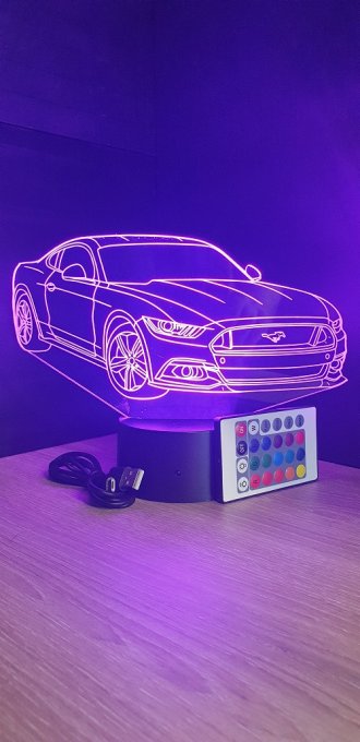 Lampe led 3D Ford Mustang, voiture ,veilleuse, chevet, néon, idée cadeau, déco, illusion, bureau