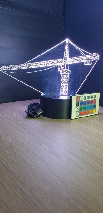 Lampe led 3D Grue, Chantier, bâtiment, veilleuse, chevet, néon, idée cadeau, déco, illusion