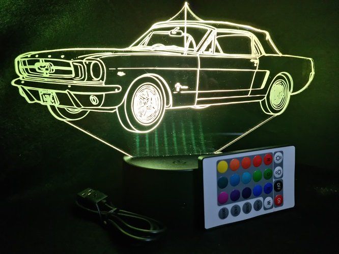 Lampe led 3D Ford Mustang 1963, retro, voiture, veilleuse, chevet, cadeau, déco, illusion