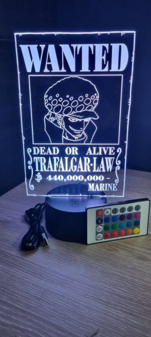 Lampe led 3D Trafalgar Law Wanted, manga, veilleuse, déco, chevet