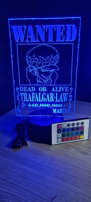 Lampe led 3D Trafalgar Law Wanted, manga, veilleuse, déco, chevet