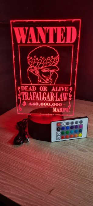 Lampe led 3D Trafalgar Law Wanted, manga, veilleuse, déco, chevet