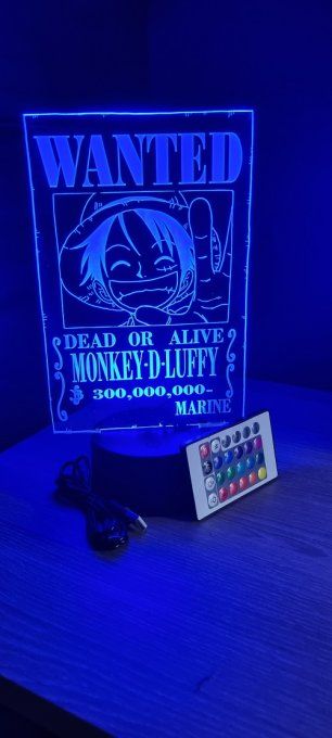 Lampe led 3D Luffy D Monkey Wanted, manga, veilleuse, déco, chevet