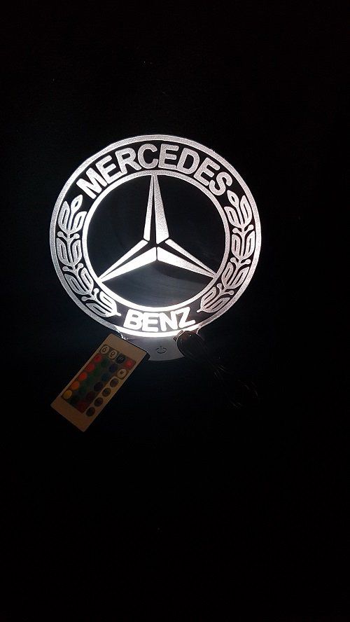 Lampe led 3D Logo Mercedes, Voiture, marque, veilleuse, lampe de chevet, néon, déco, illusion