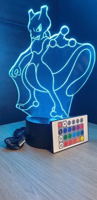 Lampe led 3D Mewtwo, Pokemon, dessin animé, veilleuse, cadeau original, personnalisable