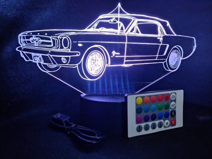 Lampe led 3D Ford Mustang 1963, retro, voiture, veilleuse, chevet, cadeau, déco, illusion