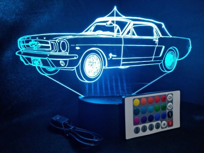 Lampe led 3D Ford Mustang 1963, retro, voiture, veilleuse, chevet, cadeau, déco, illusion